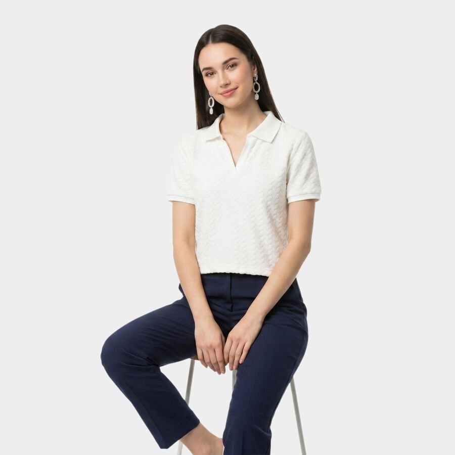 Women's White Polo Neck Polo T-Shirt, ऑफ व्हाइट, large