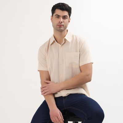 Men's Peach Cotton Half Sleeve Spread Collar Casual Shirt