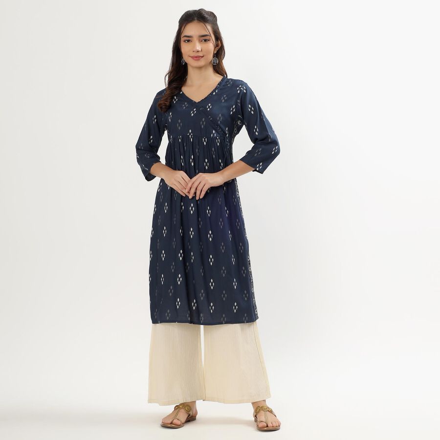 Women's Dark Blue Round Neck Printed Kurta, Dark Blue, large image number null