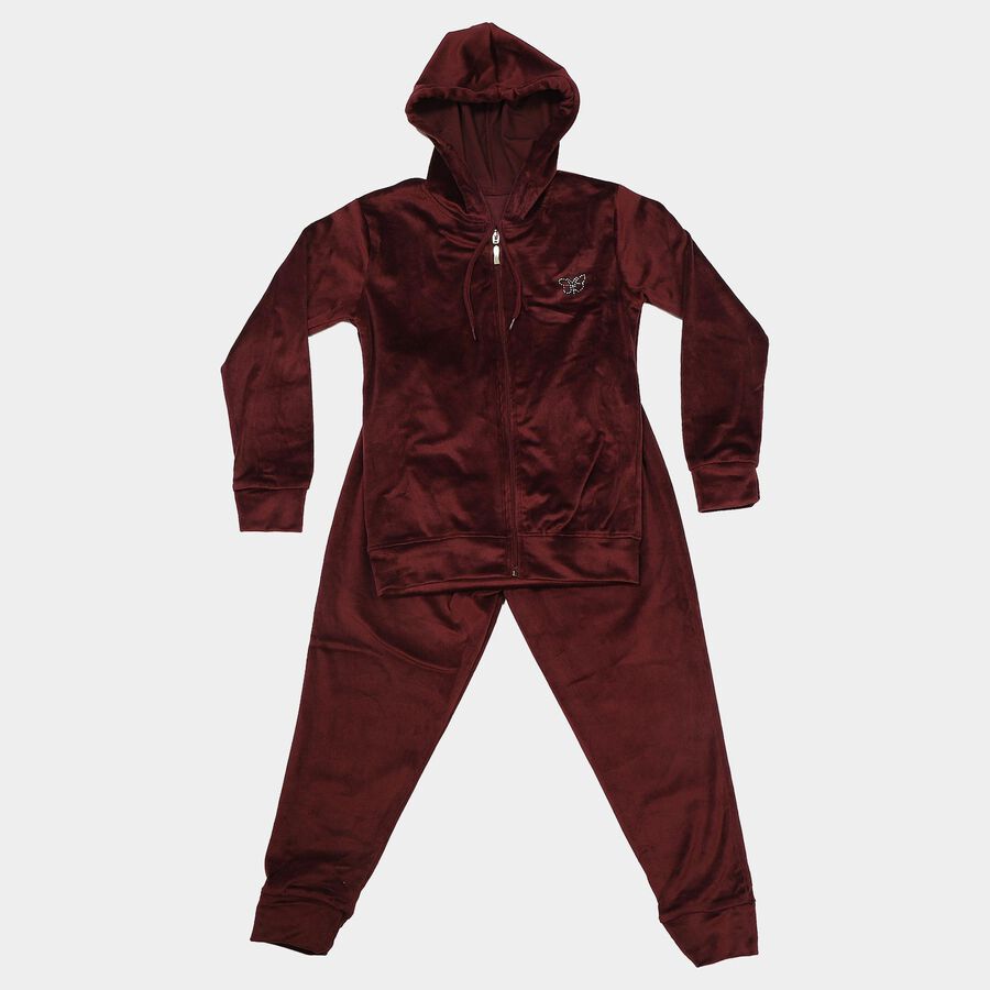 Girls Maroon Hooded Lounge Style Hipster Set, वाइन, large