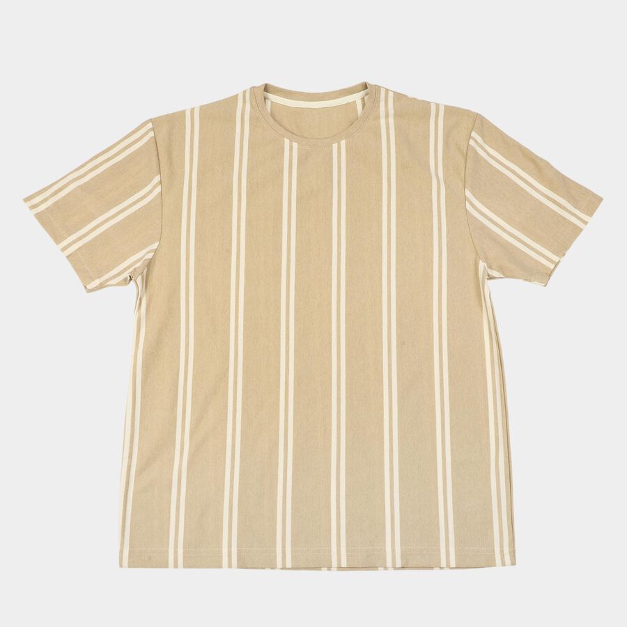 Men's Beige Round Neck Regular T-Shirt, Beige, large