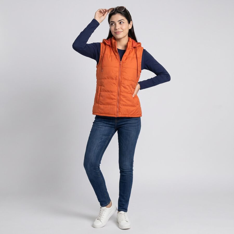 Women's Orange Hooded Puffer Jacket, Rust, large
