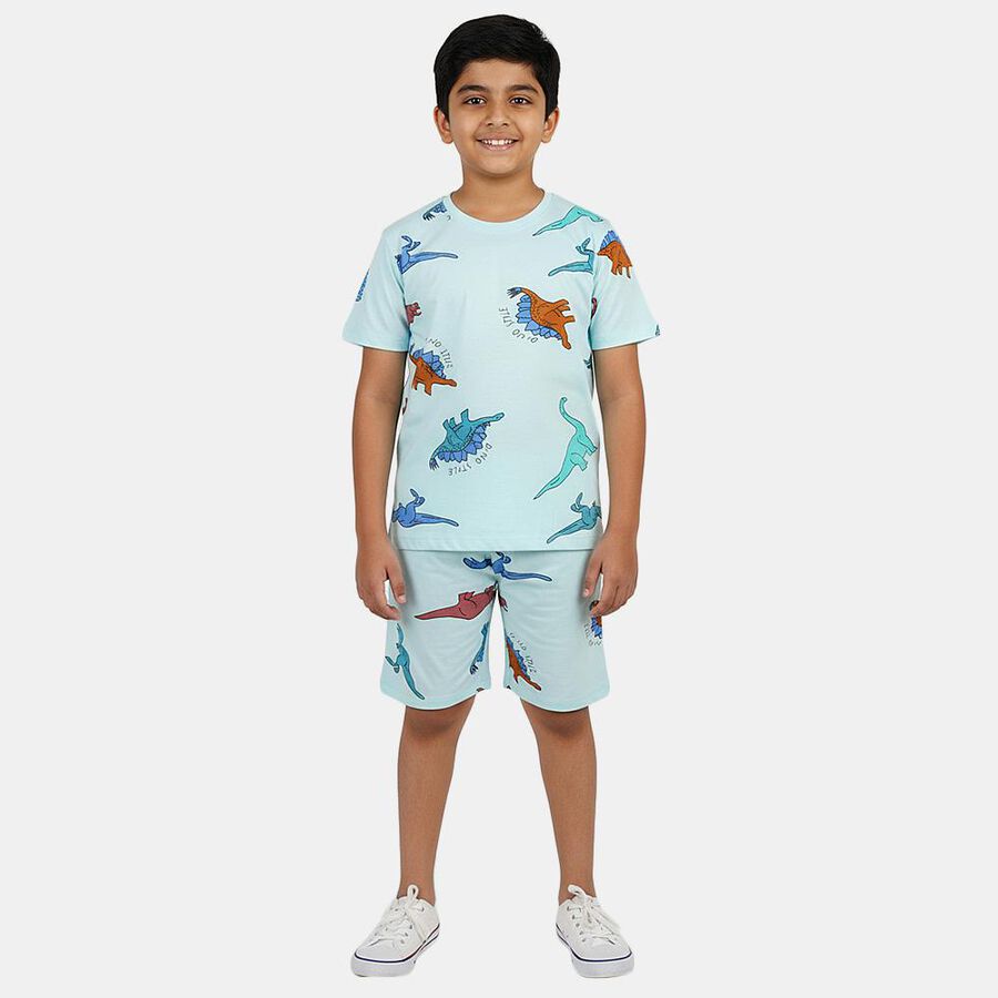 Boys' Mint Green Cotton Notched Collar Animal Printed Night Suit, हल्का हरा, large
