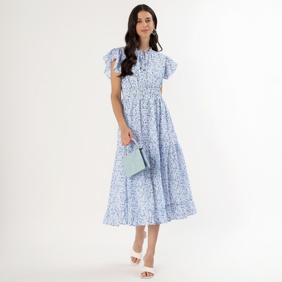 Women's Light Blue Ruffled Neck Romantic Dress, हल्का नीला, large image number null