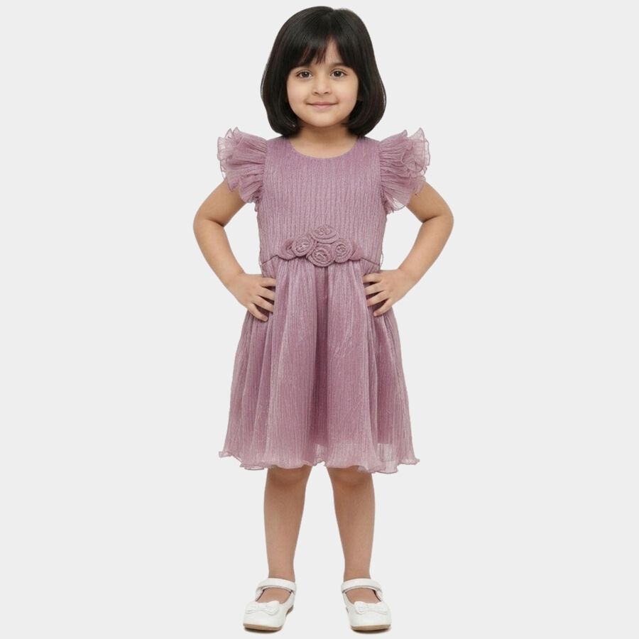 Girls' Lilac Flared 3D Floral Applique Frock, लाइलेक, large