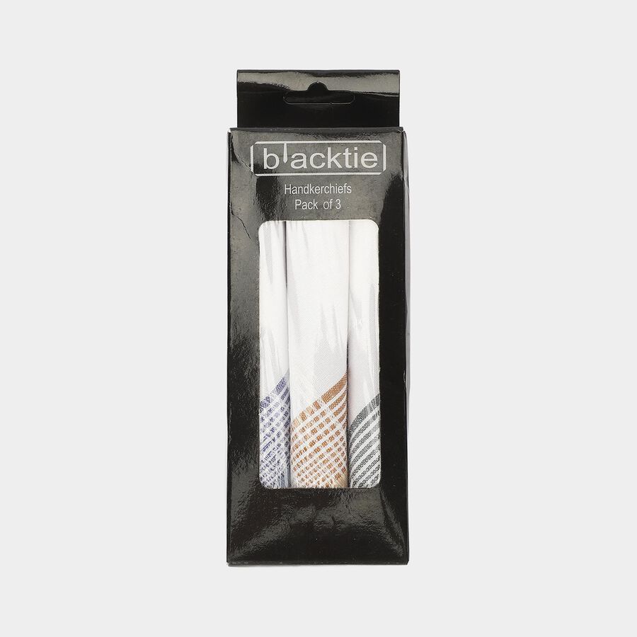 Men's White Striped Pack of 3 Handkerchief, White, large