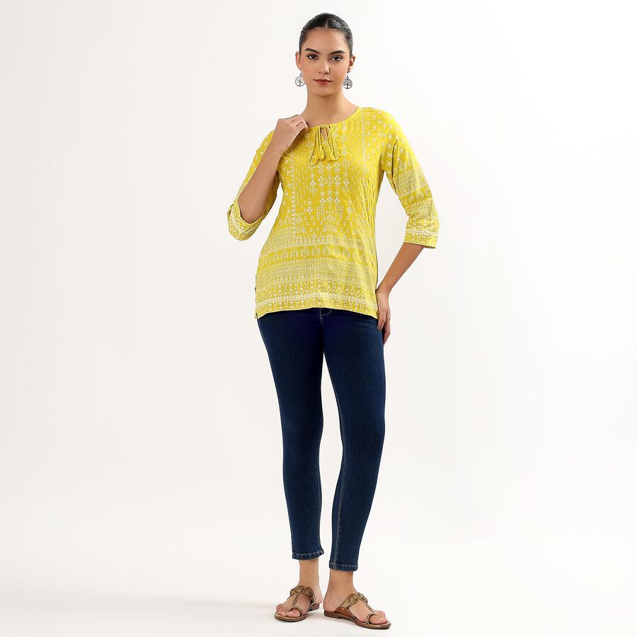 Women's Bright Yellow Round Neck Placement Printed Kurti, Yellow, large image number null