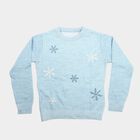 Girls Light Blue Crew Neck Printed Pullover, हल्का नीला, small
