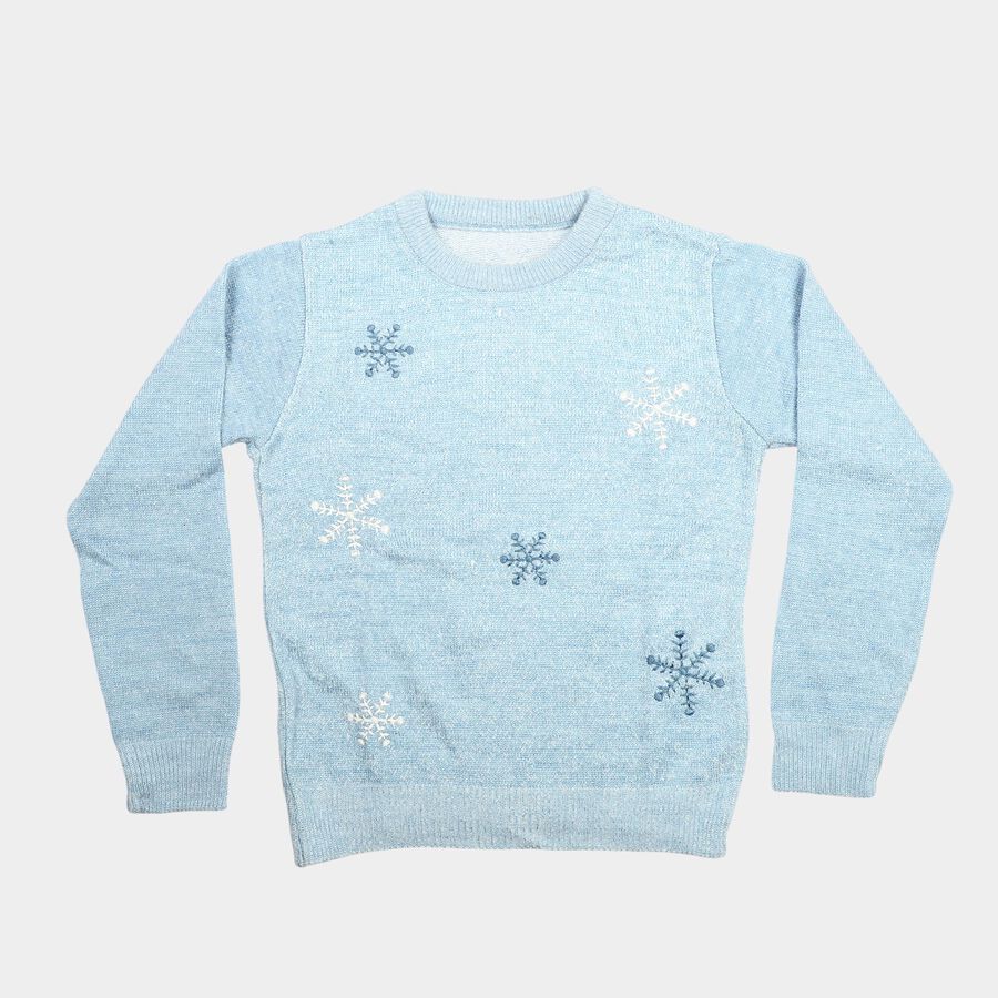 Girls Light Blue Crew Neck Printed Pullover, हल्का नीला, large