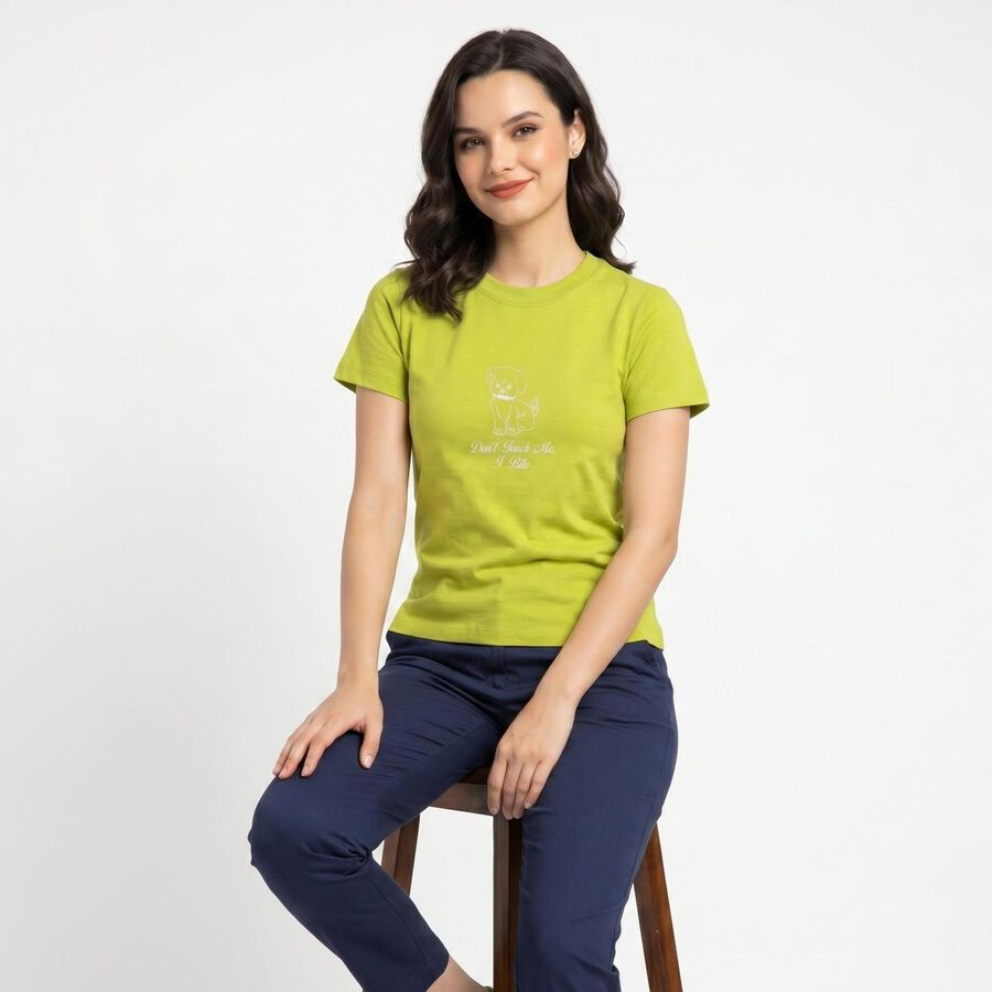 Women's Green Round Neck Regular T-Shirt, Neon Green, large