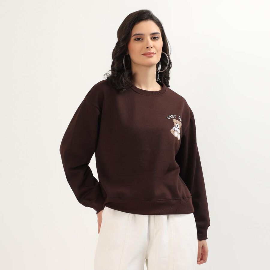 Women's Dark Chocolate Brown Crew Neck Casual Sweatshirt, भूरा, large image number null