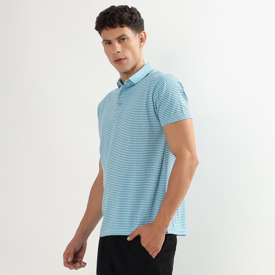 Men's Light Blue Polo Neck Striped T-Shirt, Light Blue, large image number null
