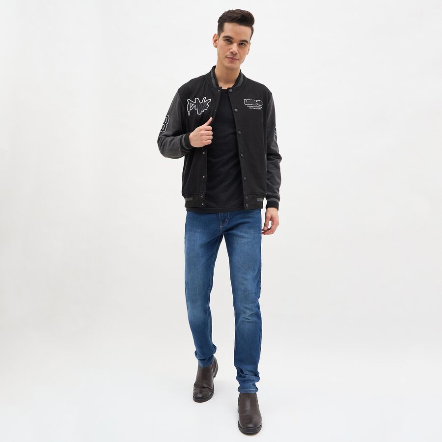 Men's Jet Black Varsity Neck Streetwear Sweatshirt, काला, large image number null