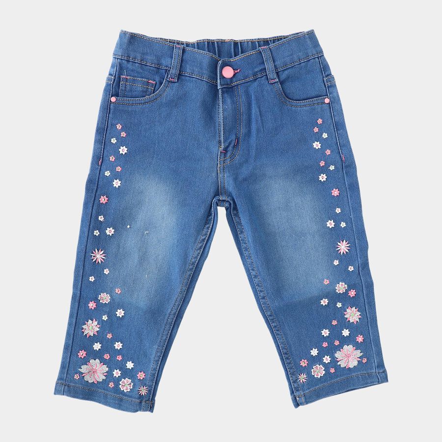 Girls Blue Regular Fit Solid Capri, मध्यम नीला, large