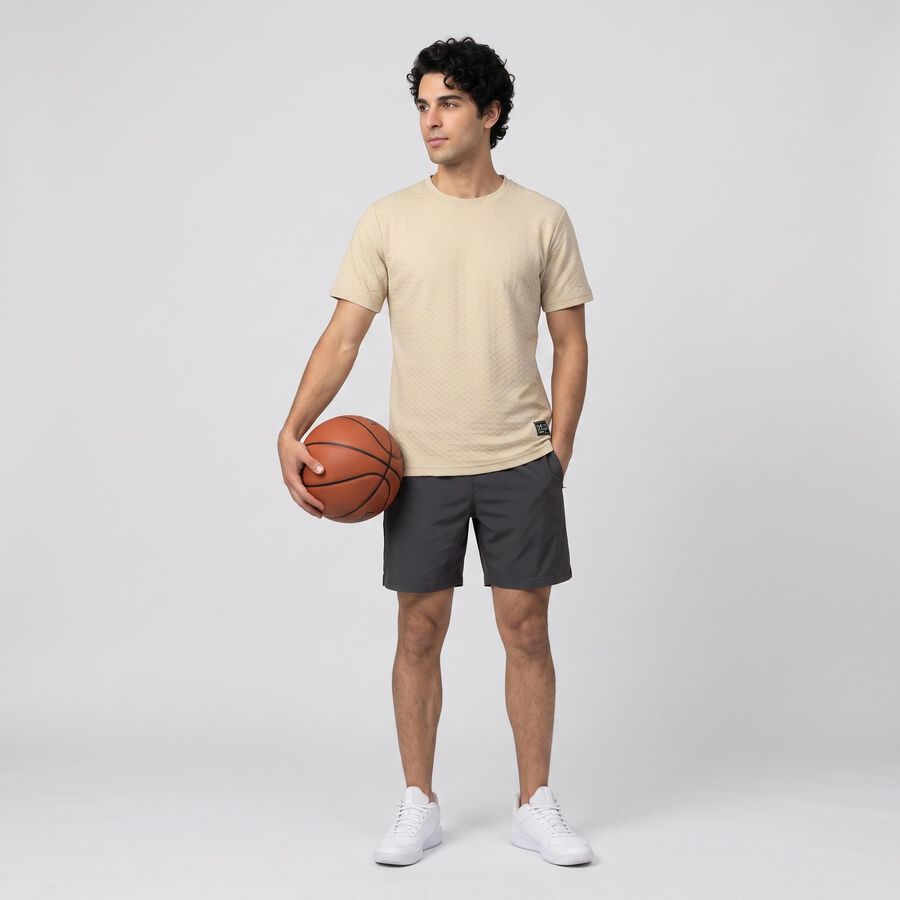 Men Beige Round Neck Regular T-Shirt, गहरा पीला, large
