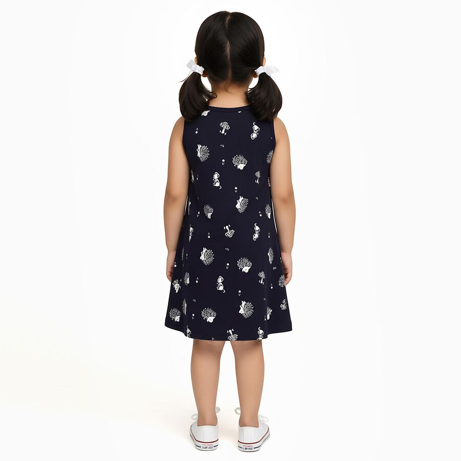 Girls' Navy Blue Printed Sleeveless A-Line Frock, Navy Blue, large image number null
