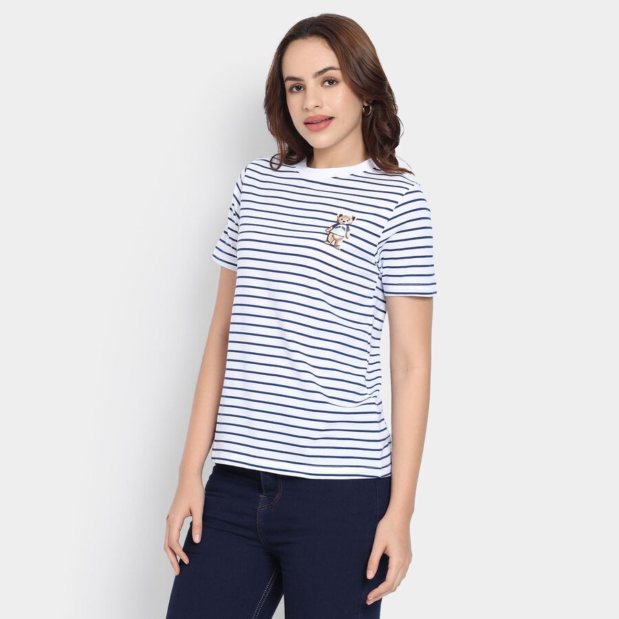 Ladies'  Stripes Round Neck T-Shirt, White, large image number null