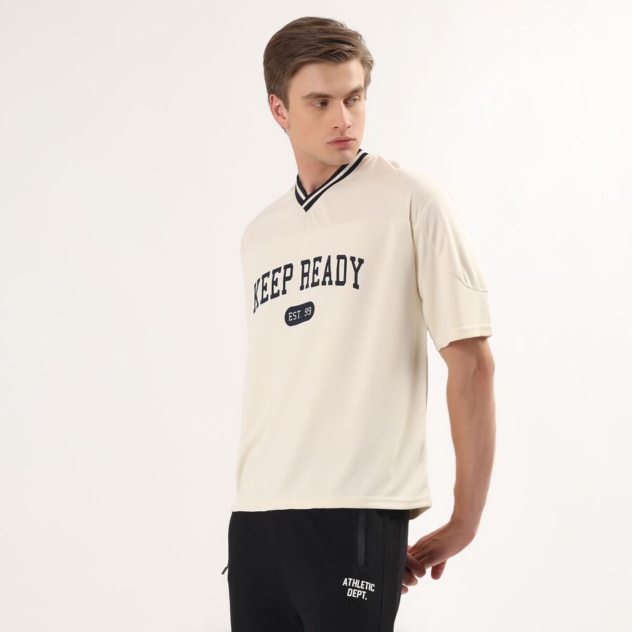 Men's White V-Neck Athleisure T-Shirt, एक्रू मिश्रित, large