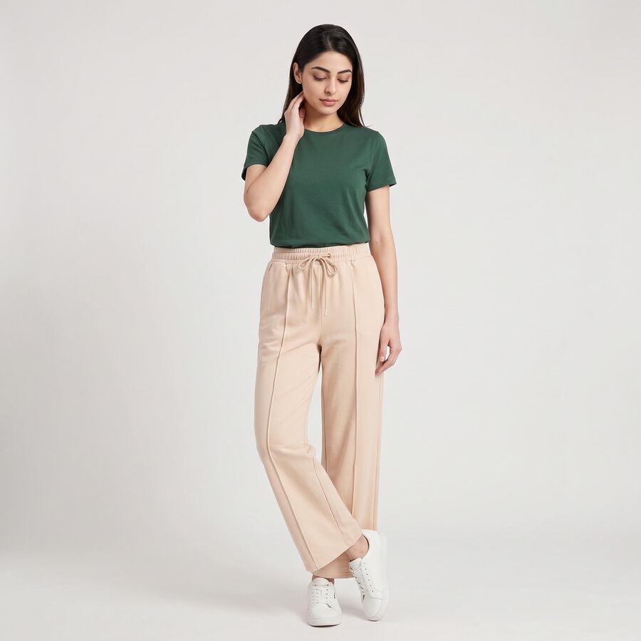 Women's Beige Wide Leg Pintuck Track Pants, गहरा पीला, large