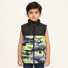 Boys Black and Camouflage High Neck Sleeveless Jacket, काला, small image number null