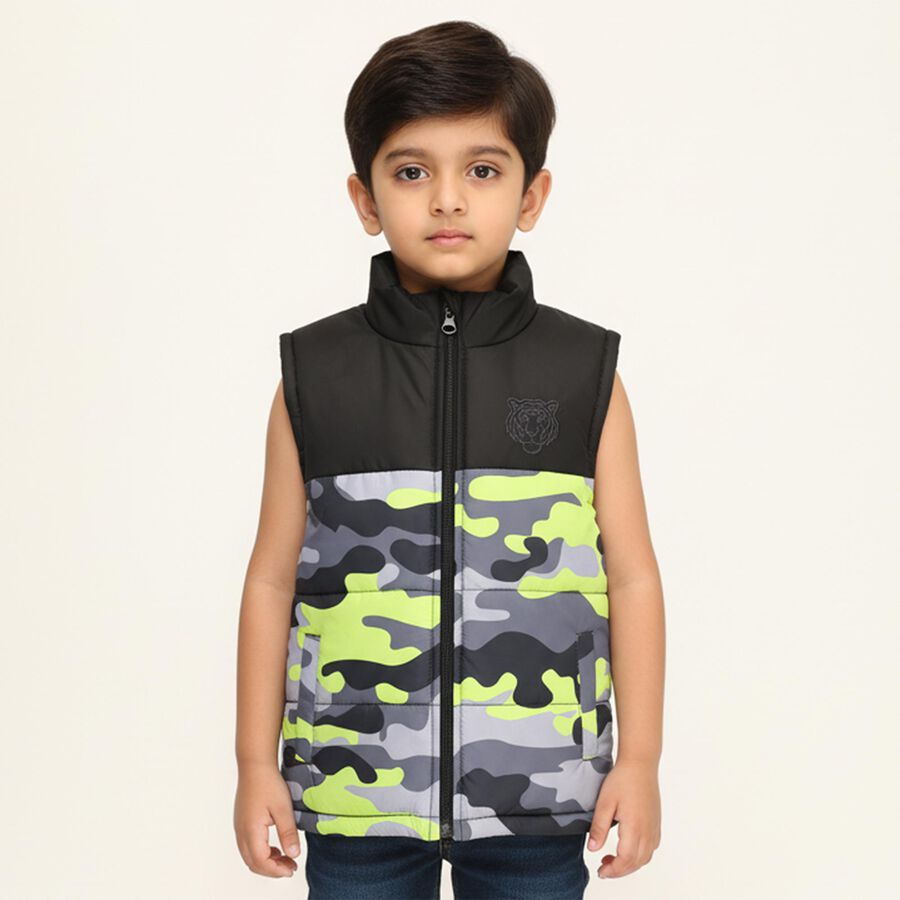 Boys Black and Camouflage High Neck Sleeveless Jacket, काला, large image number null