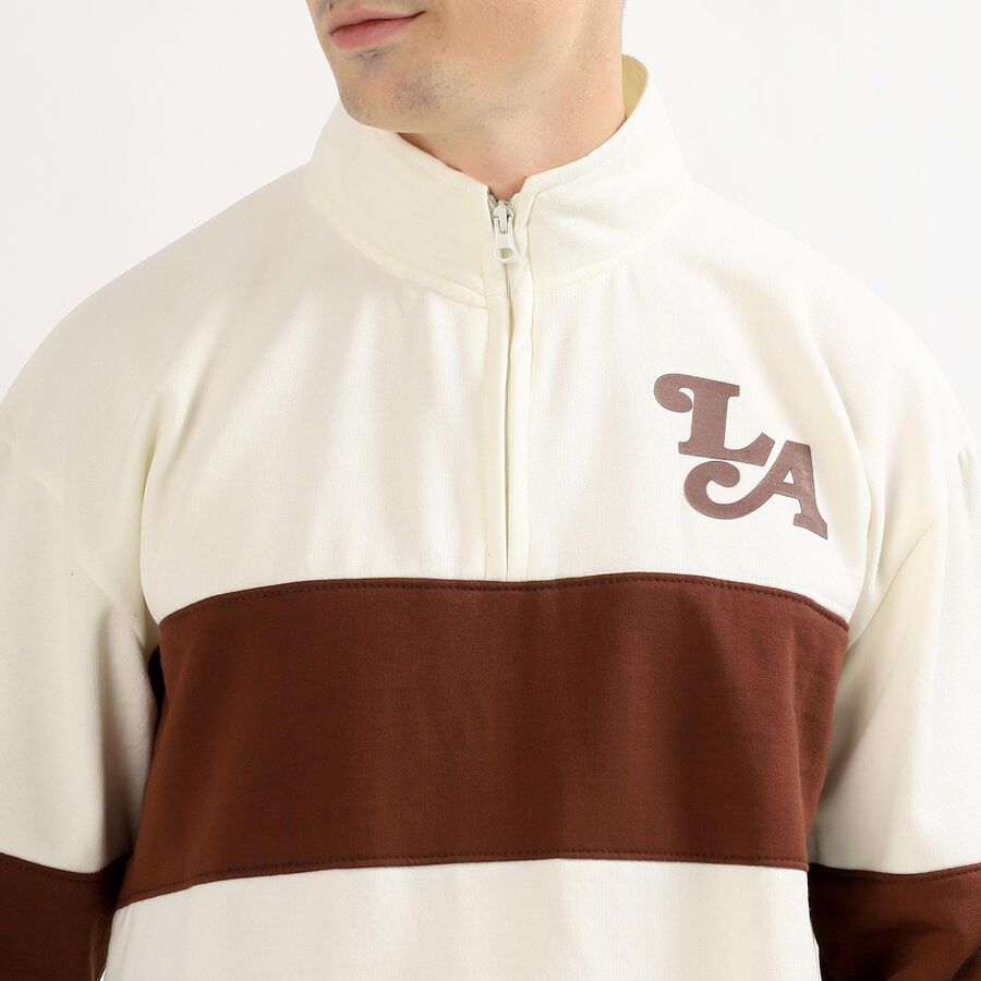 Men's Cream and Brown Half Zip Casual Sweatshirt, Brown, large image number null