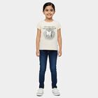 Girls Beige Cotton Round Neck Casual T-Shirt, Beige, small