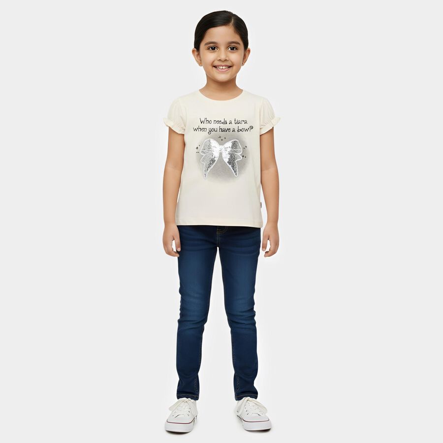 Girls Beige Cotton Round Neck Casual T-Shirt, Beige, large