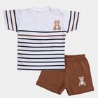 Infants' White Cotton Round Neck Striped Baba Suit, Beige, small