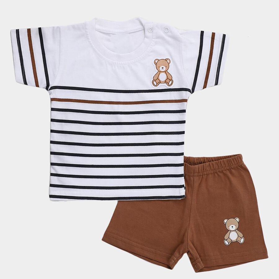 Infants' White Cotton Round Neck Striped Baba Suit, Beige, large