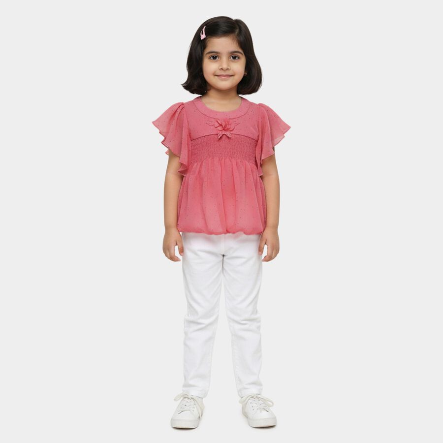 Girls' Pink Round Neck Romantic T-Shirt, Pink, large