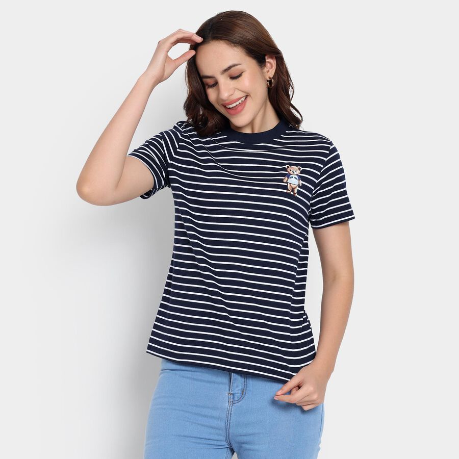 Ladies'  Stripes Round Neck T-Shirt, नेवी ब्लू, large image number null