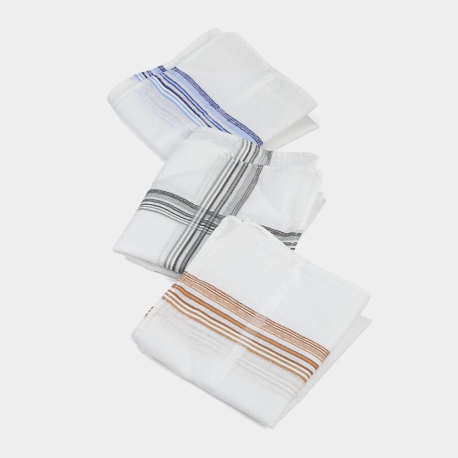 Men's White Striped Pack of 3 Handkerchief, White, large