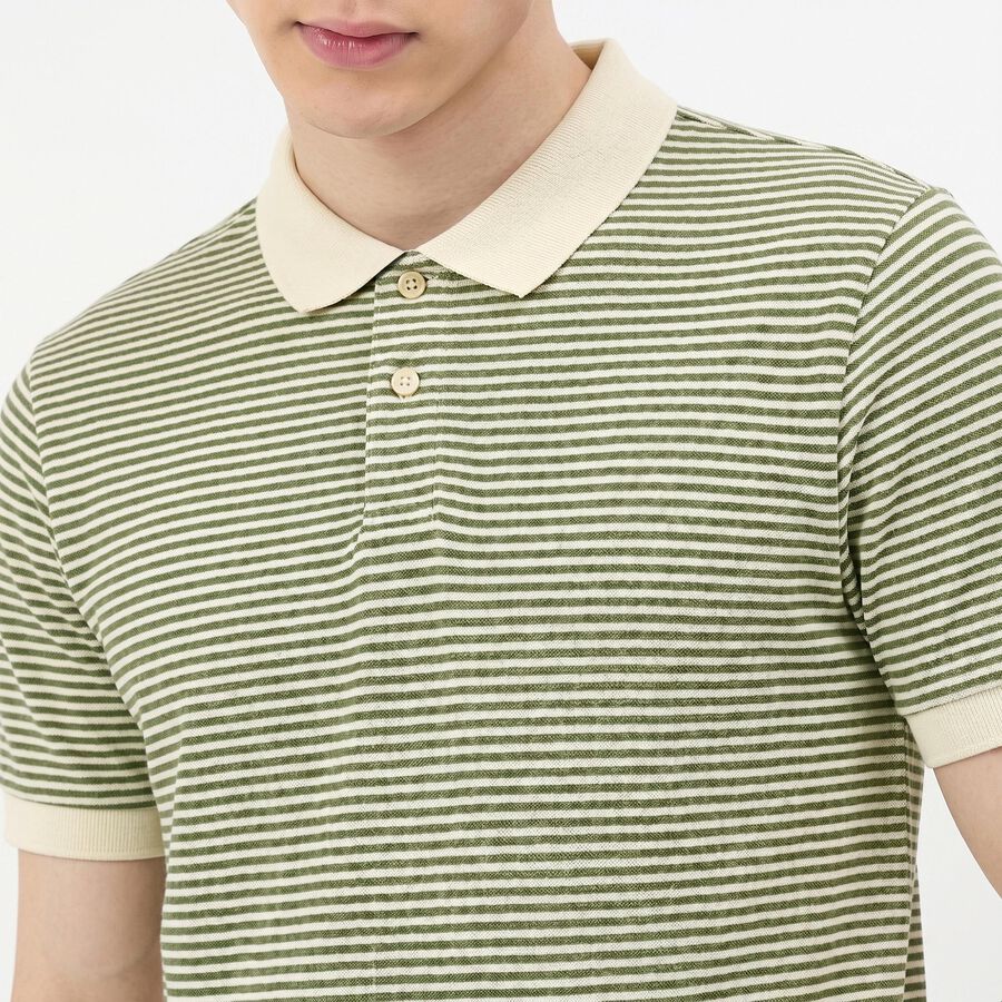 Men's Green Polo Neck Striped T-Shirt, हल्का हरा, large