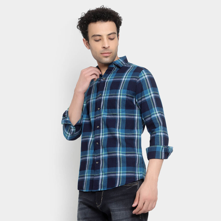 Cotton Checks Casual Shirt, Teal Blue, large image number null