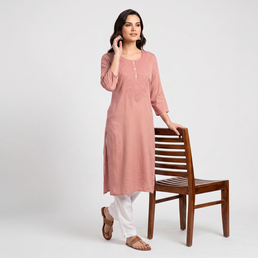 Women's Pink Round Neck Embroidered Kurta, Pink, large