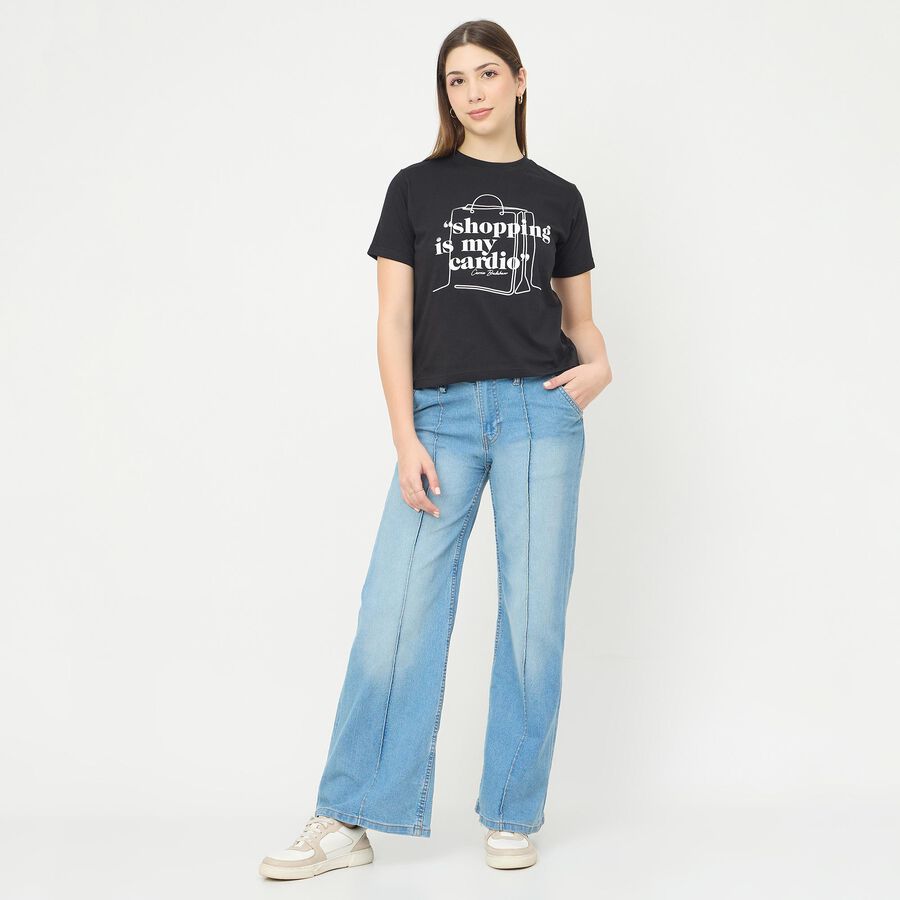 Women's Jet Black Cotton Round Neck Casual T-Shirt, Black, large