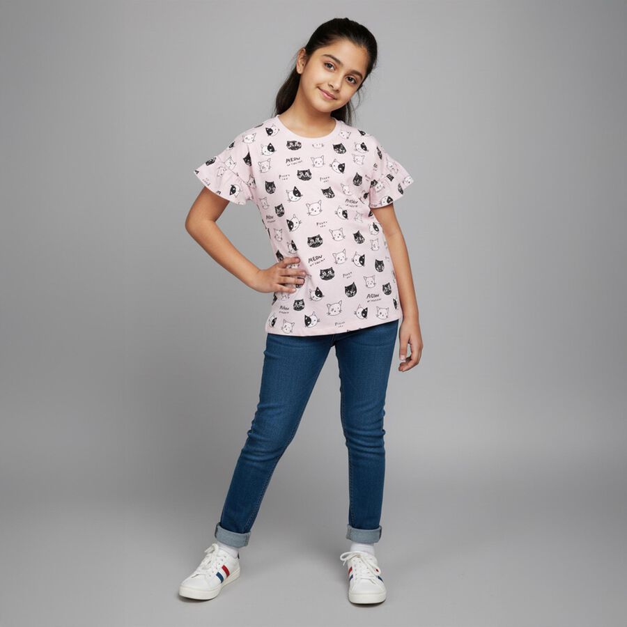 Girls Light Pink Cotton Round Neck Casual T-Shirt, हल्का गुलाबी, large