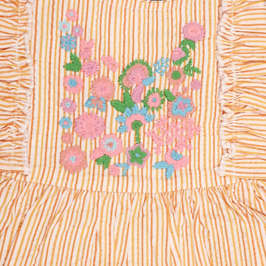 Infants' Yellow and White Striped Floral Embroidered Cotton Frock, Peach, large