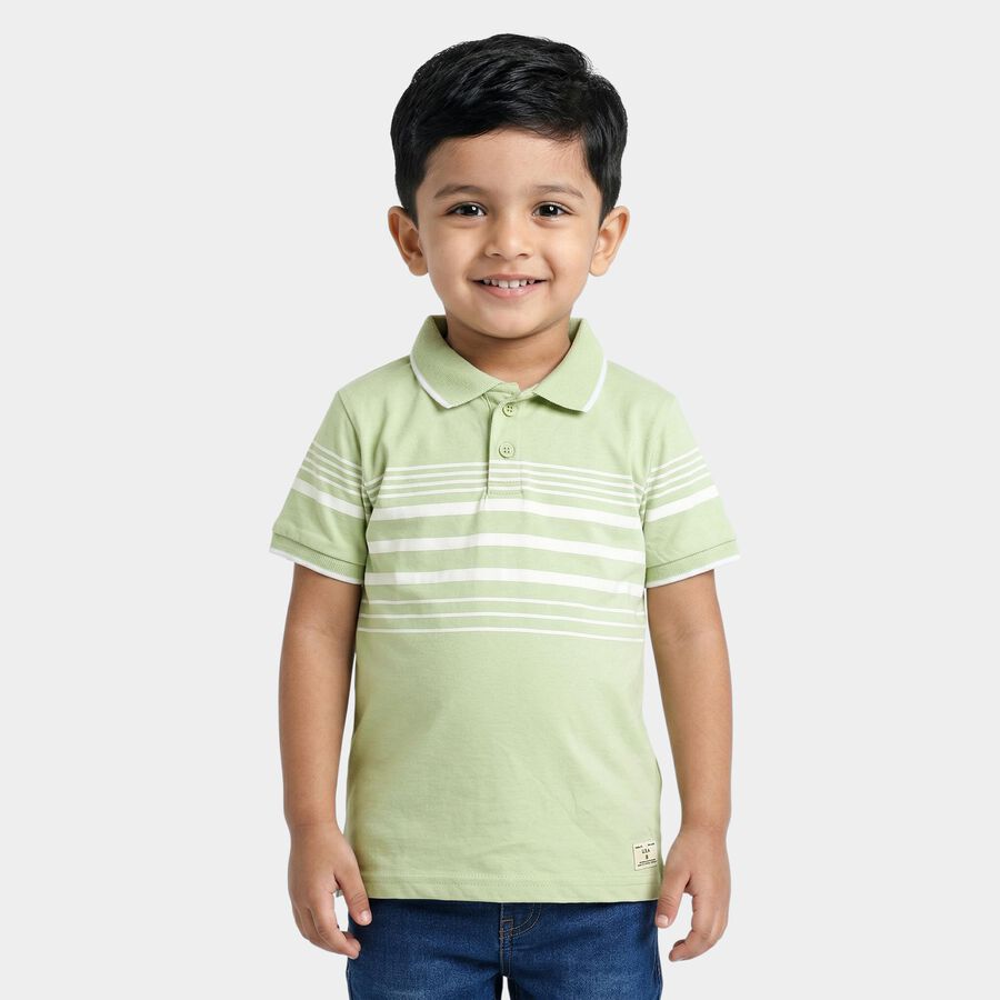Boys Green Cotton Polo Neck Striped T-Shirt, Light Green, large