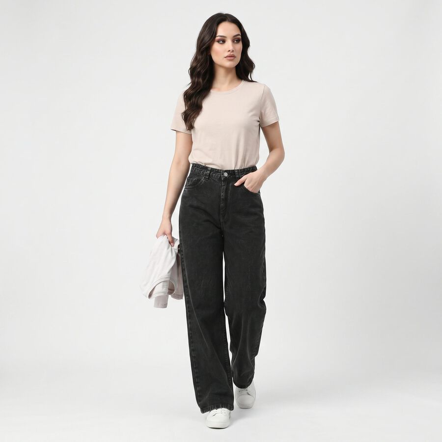 Women's Dark Grey Wide Leg Washed Jeans, गहरा ग्रे, large
