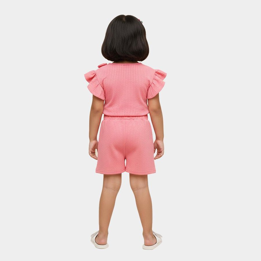 Girls Bright Coral Pink Ruffle Sleeve Top and Shorts Set, गुलाबी, large