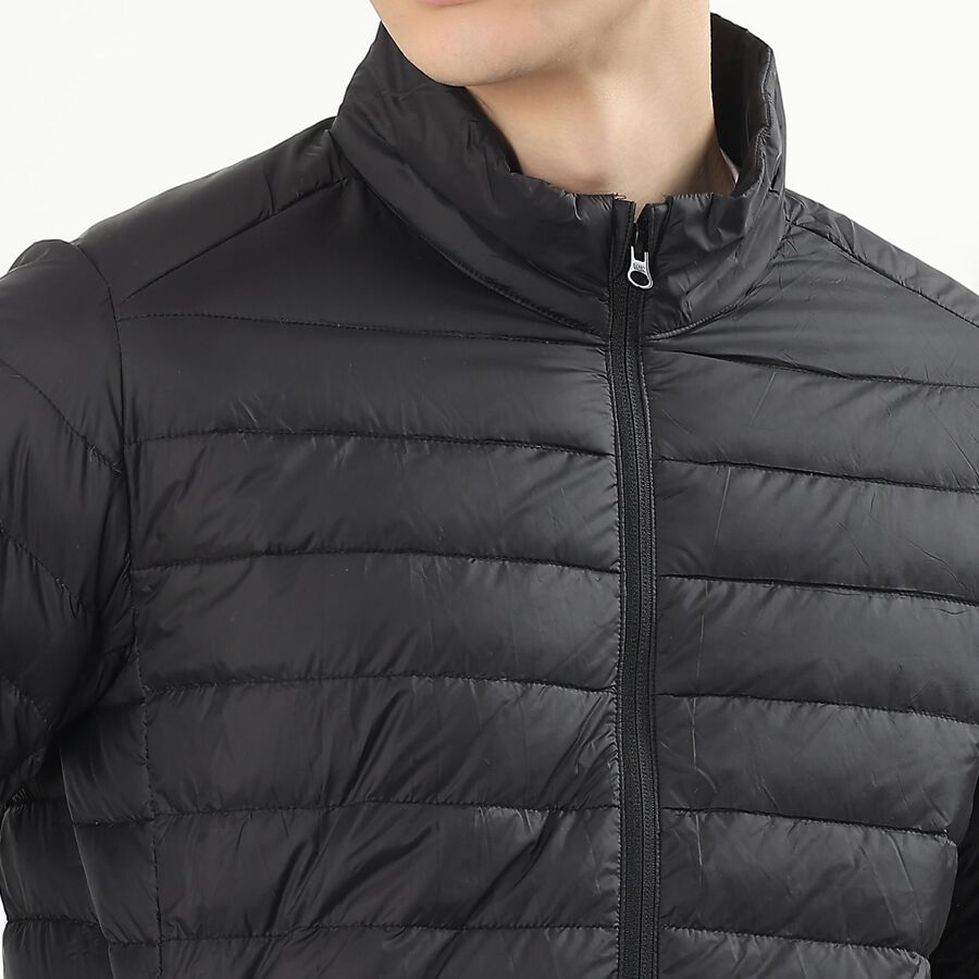 Men's Jet Black High Neck Casual Puffer Jacket, Black, large image number null