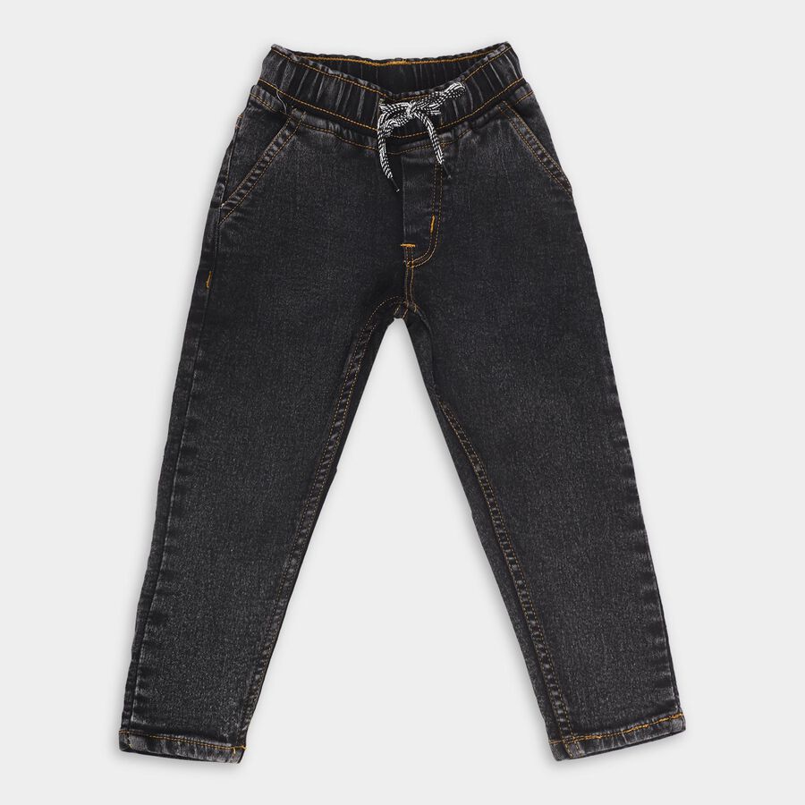 Boys' Charcoal Black Regular Fit Elastic Waist Jeans, Dark Grey, large image number null