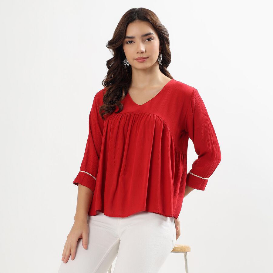 Ladies' Rich Crimson Red V-Neck Pleated Printed Kurti, Maroon, large image number null