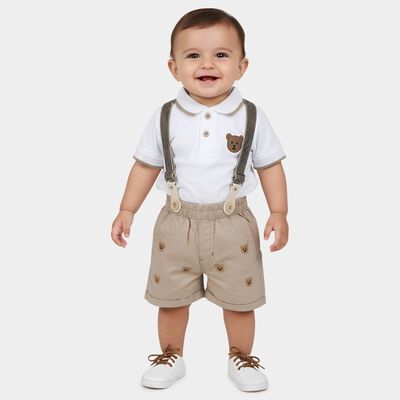 Infants' Beige Cotton Polo Neck Embroidered Baba Suit