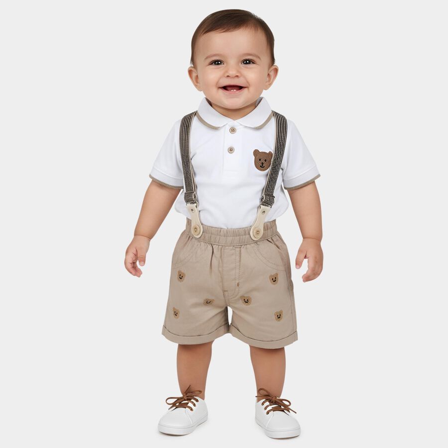 Infants' Beige Cotton Polo Neck Embroidered Baba Suit, गहरा पीला, large