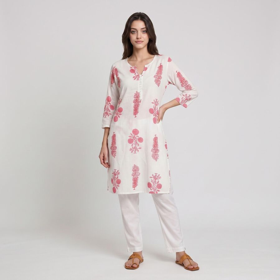Women's Pink Notch Neck Floral Printed Kurta, Pink, large