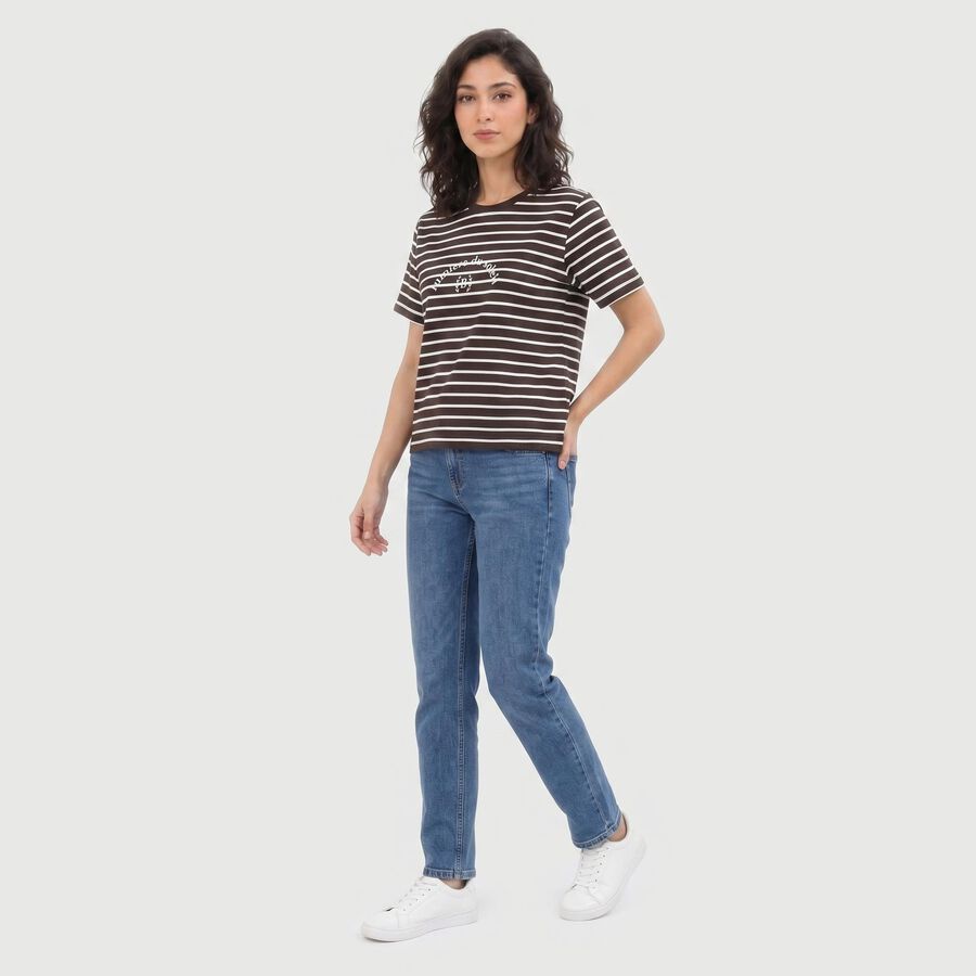 Women's Brown Round Neck Regular T-Shirt, भूरा, large
