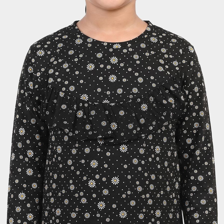 Girls' Black Round Neck Floral Regular Top, काला, large